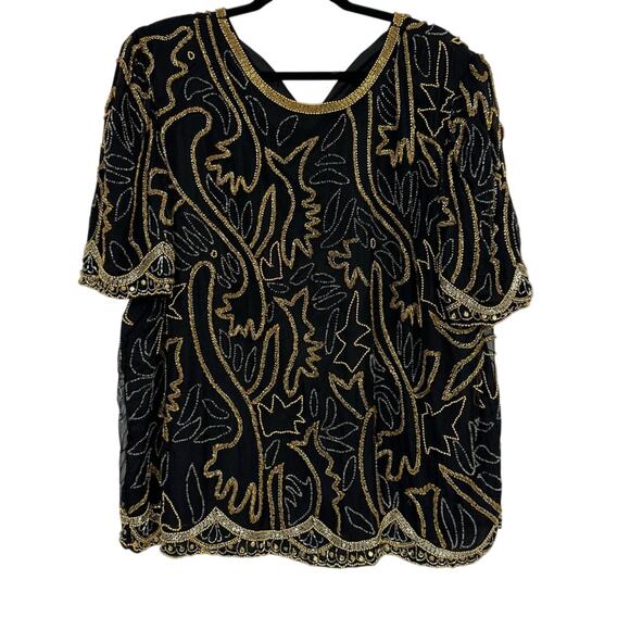 Vintage Tops - Vintage Black Silk Fully Beaded Formal Blouse Womens 2X Gold & Silver Glam
